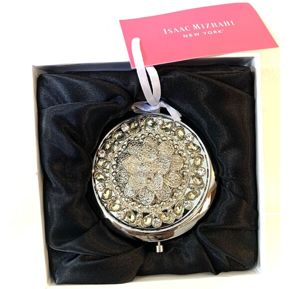 ISAAC MIZRAHI Silver 2D Jeweled Flower Compact Mirror New in Box - Picture 1 of 7